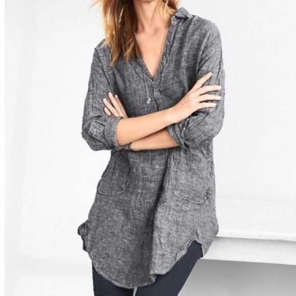 CP Shades 100% Linen Chambray Teton Tunic Blouse Dress Size XS Black Gray Top - Picture 1 of 13